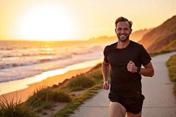 Happy fit man running on coastal path next to beach during beautiful golden sunset. Active lifestyle concept of jogging, marathon training, and exercising outdoors for health and wellness