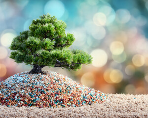 Serene Bonsai Tree on Colorful Gravel with Blurred Background