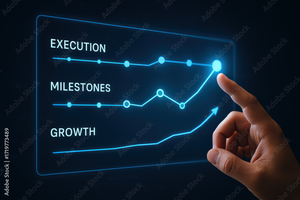Poster execution and milestones growth progress and timeline success with interactive holographic screen vi