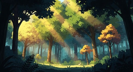 A sunlit forest path, filled with vibrant colors and playful light, leads into a tranquil woodland scene.