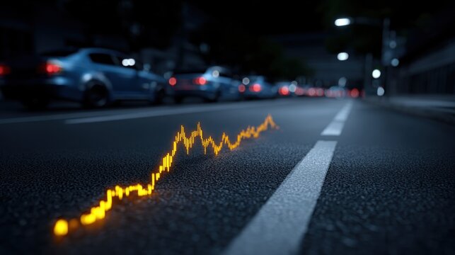 glowing orange graph line runs along a dark urban street at night, symbolizing market trends. Cars are parked nearby, creating a busy nighttime atmosphere