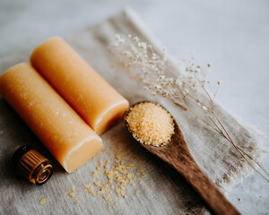 Natural Soap Bars with Essential Oils and Dried Flowers on Linen