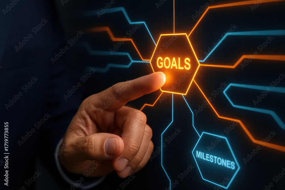 Poster goals and milestones inspire success by tracking execution and pathways with dynamic progress and st