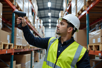 Male warehouse worker in a hard hat and safety vest using a barcode scanner for inventory management on a high rack of shelves