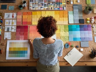 A designer examining color palettes and swatches on a creative workspace, top view