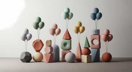 Geometric Shapes Composition with Pastel Colors and Balloon Arrangements for Creative Concepts