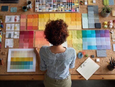 A designer examining color palettes and swatches on a creative workspace, top view