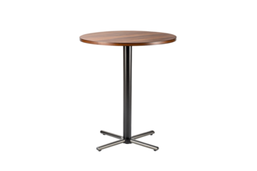 Round wooden bistro table with black metal pedestal base and cross-shaped support legs for stability, isolated on a transparent background