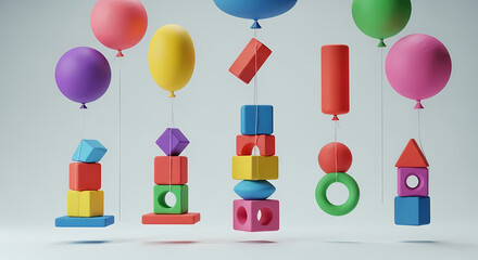Colorful Floating Geometric Shapes and Balloons Creative Abstract Art