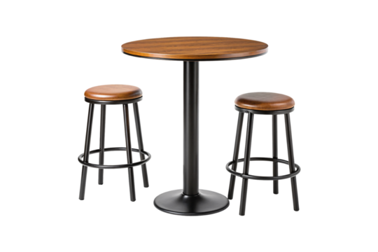 Round wooden table with black pedestal base and two matching wooden bar stools, isolated on a transparent background