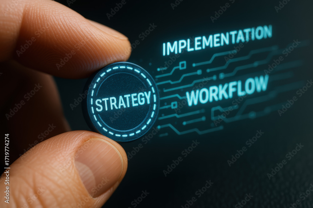 Poster strategy implementation and workflow planning combine concept projection with success and goal achie