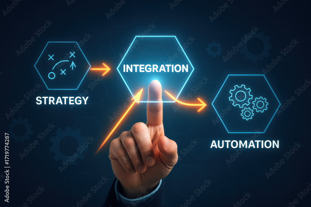 Aufkleber strategy integration automation connection plan approach hand arrow gear system business technology 