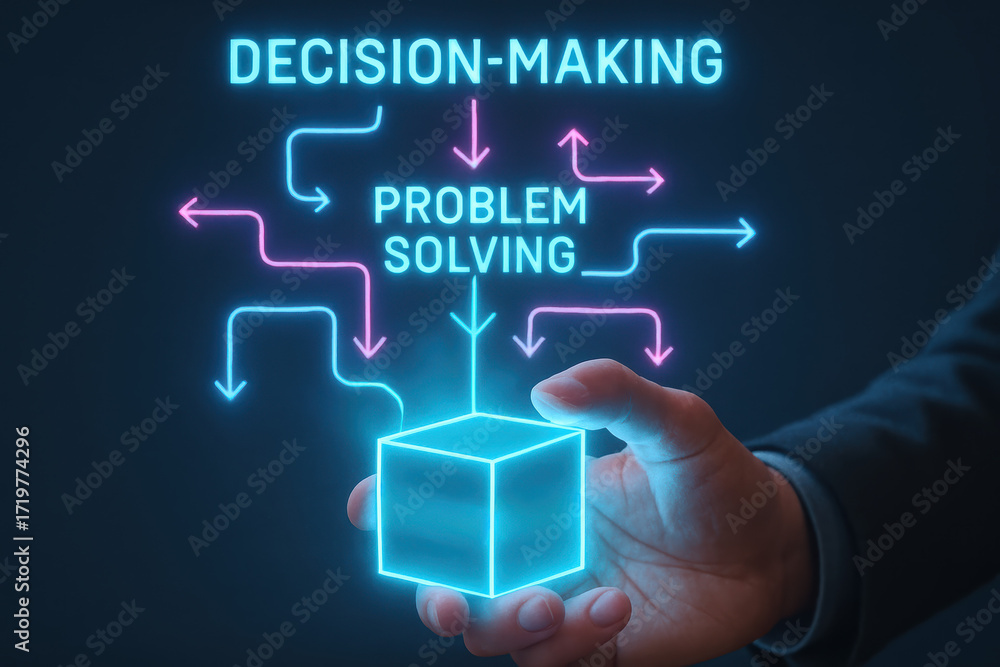 Poster decision and problem inspire solution and strategy with project innovation thinking planning driving