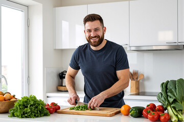 Handsome smiling man cooking healthy meal and chopping fresh vegetables in modern white kitchen. Happy guy preparing vegetarian or vegan food, representing healthy lifestyle and domestic skills