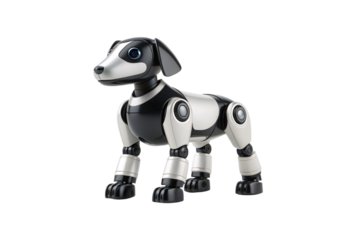 Futuristic robotic dog toy with black and white body, articulated legs and glowing blue eye, isolated on a transparent background
