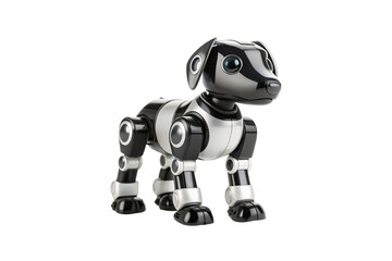Robotic pet dog with sleek black and silver design, posable joints and realistic proportions, isolated on a transparent background
