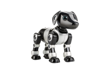 Robotic pet dog with sleek black and silver design, posable joints and realistic proportions, isolated on a transparent background