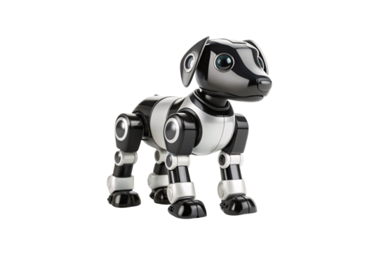 Robotic pet dog with sleek black and silver design, posable joints and realistic proportions, isolated on a transparent background