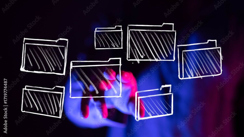 Poster hand interacts with glowing folders, symbolizing efficient data management, organization, and easy f