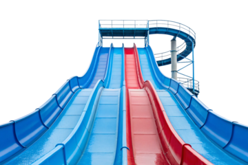 Large water park slide complex with multiple blue lanes, one red lane, and spiral access ramp, isolated on a transparent background