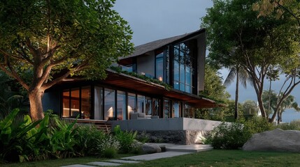 Modern residential house with glass walls and large windows, featuring a sloping roof amidst lush tropical plants,