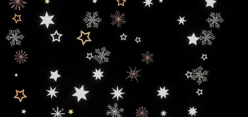 Festive backdrop with white and gold stars and snowflakes on black. Perfect for winter holidays, Christmas, and New Year.