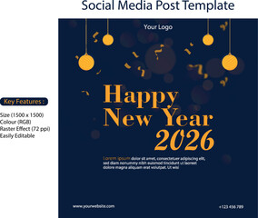 Naklejka premium Social media post template happy new year 2026 digital marketing banner festive design vector