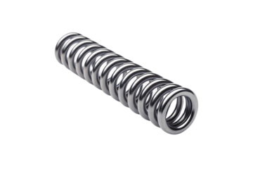 Extended compression spring with evenly spaced coils in polished metal showing natural spring tension, isolated on a transparent background