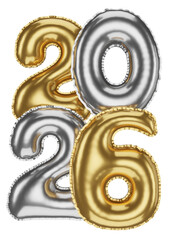 Golden  and Silver 2026 Balloons 3D render, Isolated Collection of Bright Shiny Numbers, Festive New Year Decor.
