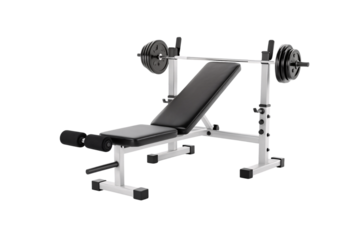 Complete weight bench set with barbell rack and adjustable incline positions, isolated on a transparent background