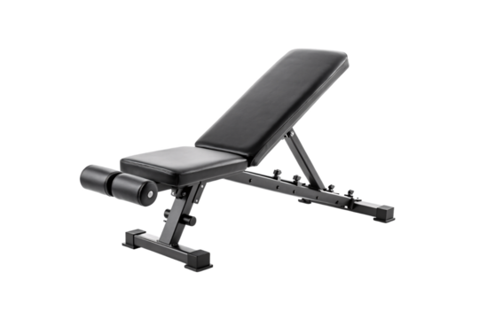 Black adjustable workout bench with leg extension feature and padded vinyl surface, isolated on a transparent background