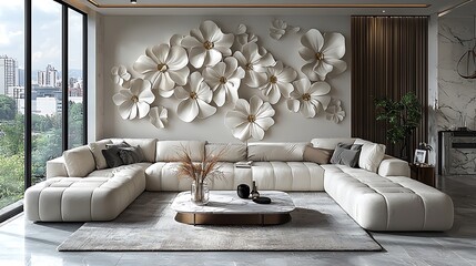 Luxurious living room featuring artistic floral design high resolution photo