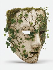 Nature and Art, Wooden Mask with Ivy, Environmental Symbol, Antique Theatrical Face Sculpture, Green Growth Concept