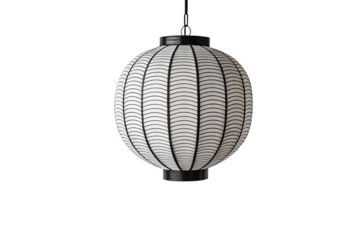 White spherical Japanese paper lantern with black horizontal stripes and metallic cap, isolated on a transparent background