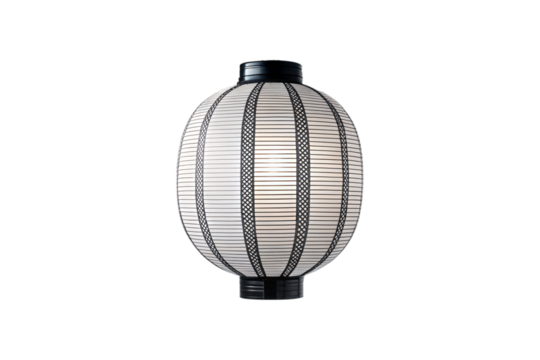 Round Oriental paper lamp with geometric chevron design and traditional construction, isolated on a transparent background
