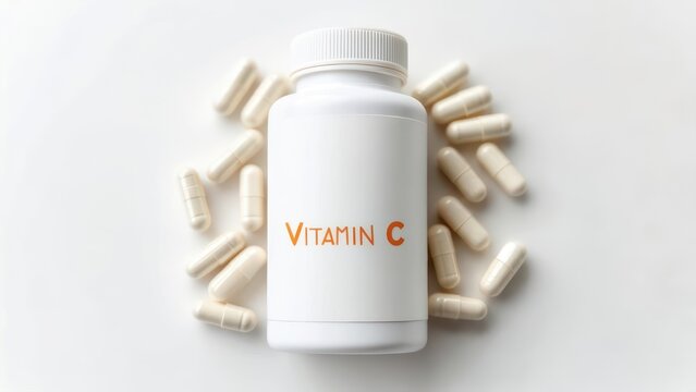 White plastic bottle of Vitamin C capsules on a white surface