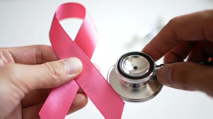 A close-up of a person's hands holding a pink ribbon and a stethoscope, symbolizing breast cancer awareness and medical care.