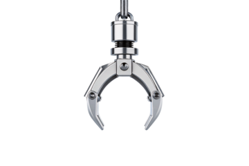 Modern robotic claw with chrome finish three-finger design and adjustable mounting bracket, isolated on a transparent background