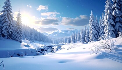 A serene winter landscape with snow-covered fir trees, a flowing stream, distant mountains, and a bright sun in the sky