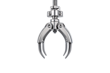 Industrial chrome gripper with three curved fingers and precision mechanical control system, isolated on a transparent background