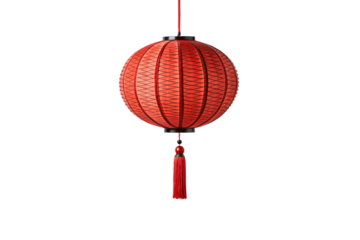 Red Chinese lantern with diamond pattern and decorative tassel hanging ornament, isolated on a transparent background