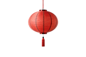 Red spherical paper lantern with decorative patterns and hanging tassel, traditional Chinese festival decoration, isolated on a transparent background