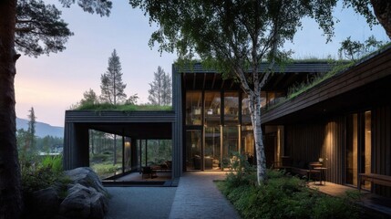 Fototapeta premium Contemporary house blends with nature through large glass windows, wood paneling, and rooftop greenery,
