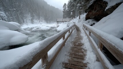 Obraz premium wooden walkway is lined with snow, leading through a serene forest beside a flowing river. Fog envelops the trees, creating a peaceful winter scene