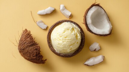 Coconut ice cream displayed in a coconut shell, accompanied by coconut flakes and pieces, set against a bright yellow backdrop, creating a cheerful dessert scene