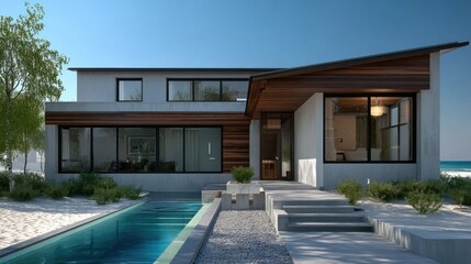 Fototapeta premium Modern minimalist residential property with white stucco walls and wooden accents, floor to ceiling glass panels,