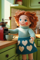 Cheerful Doll Brewing Coffee in Cozy Kitchen with Heart-Patterned Skirt and Sunlit Green Decor