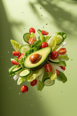 Fresh and Colorful Salad Ingredients Floating Playfully Against a Soft Green Background