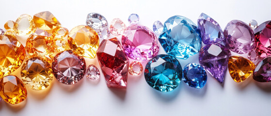 Multicolored gemstones on a white background demonstrate luxury and wealth, suitable for jewelry themes and accessory design.