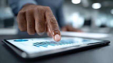 business professional uses a tablet to analyze graphs and data in a modern office environment. focus is on the finger interacting with the screen while sitting at a desk